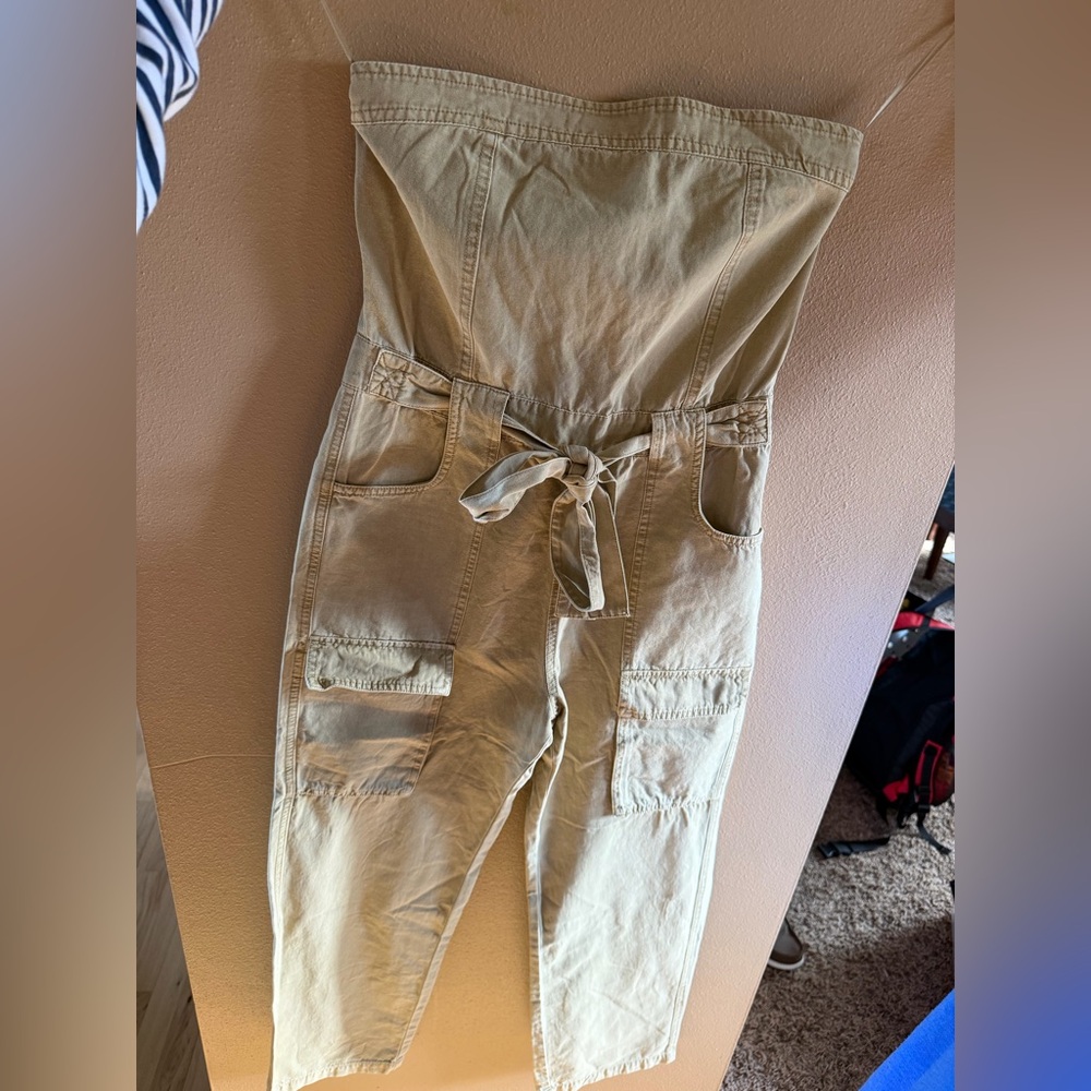 Blue Blush Khaki Strapless Utility Jumpsuit with Tie Waist